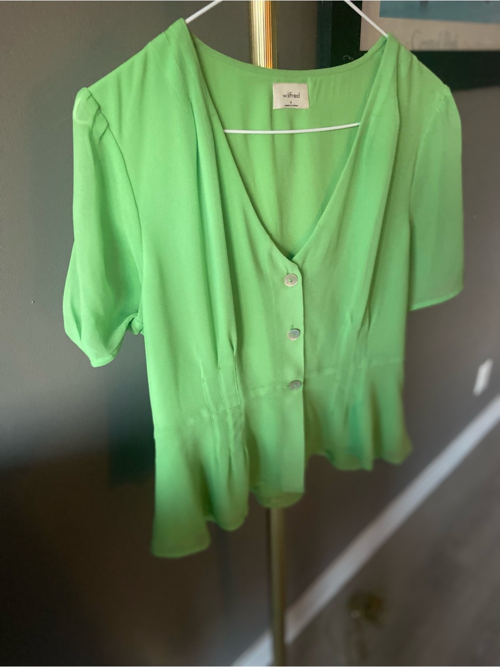 Wilfred Bright Green V-Neck Button Peplum Blouse